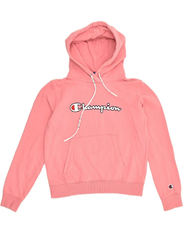 CHAMPION Womens Graphic Hoodie Jumper UK 4 XS Pink Cotton Hoodie with Hem Applique Textured Unique