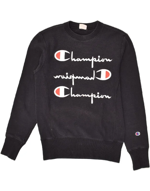 CHAMPION Womens Graphic Sweatshirt Jumper Small Navy Blue Hoodie with Mesh Breathable Sporty