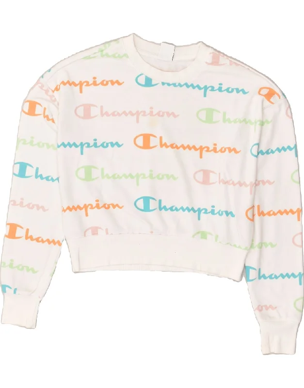 CHAMPION Womens Graphic Sweatshirt Jumper UK 14 Medium White Cotton Hoodie with Metallic Shiny Futuristic