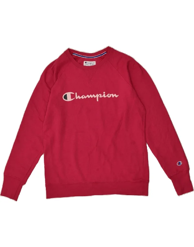 CHAMPION Womens Graphic Sweatshirt Jumper UK 16 Large Pink Polyester Hoodie with Strings Custom Fit Adjustable