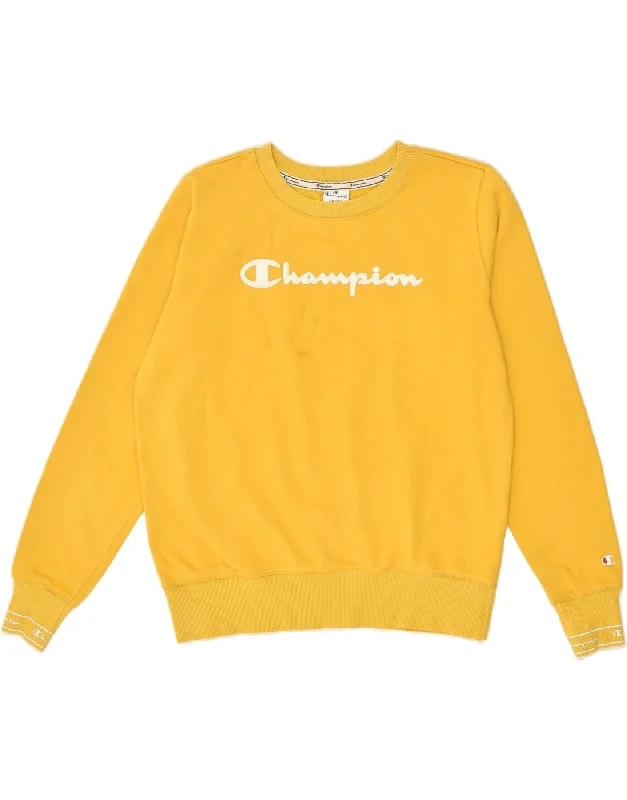 CHAMPION Womens Graphic Sweatshirt Jumper UK 16 Large Yellow Cotton Hoodie with Hem Frayed Vintage Worn