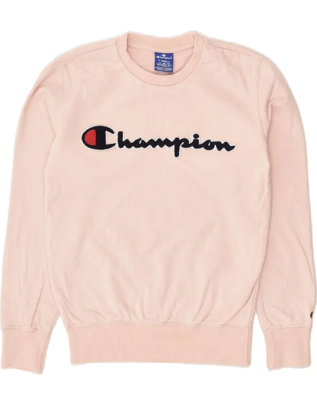 CHAMPION Womens Graphic Sweatshirt Jumper UK 6 XS Pink Cotton Hoodie with Longline Fit Extended Stylish