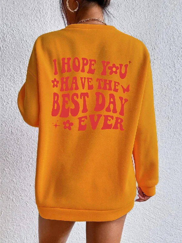 Women's Oversized Sweatshirt I hope You (Mustard) Hoodie with Hem Embroidery Detailed Premium