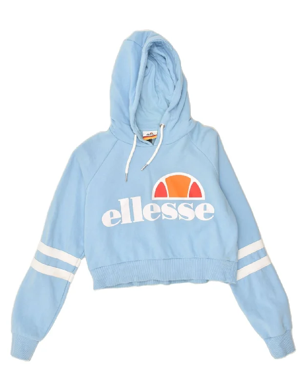 ELLESSE Womens Crop Graphic Hoodie Jumper UK 10 Small Blue Cotton Hoodie with Hood Adjustable Protection