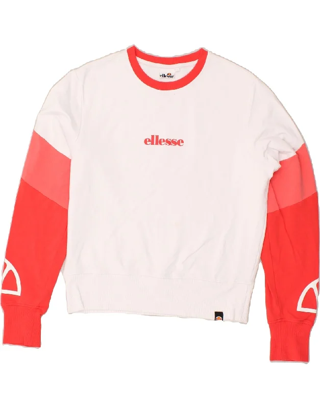 ELLESSE Womens Graphic Sweatshirt Jumper UK 14 Large White Colourblock Hoodie with Typography Text Message