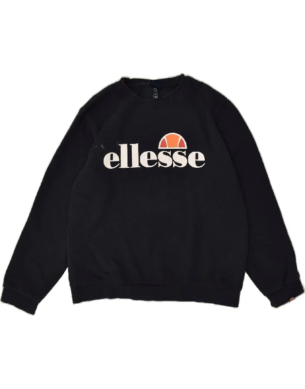 ELLESSE Womens Loose Fit Graphic Sweatshirt Jumper UK 14 Large  Navy Blue Hoodie with Logo Branding Identity