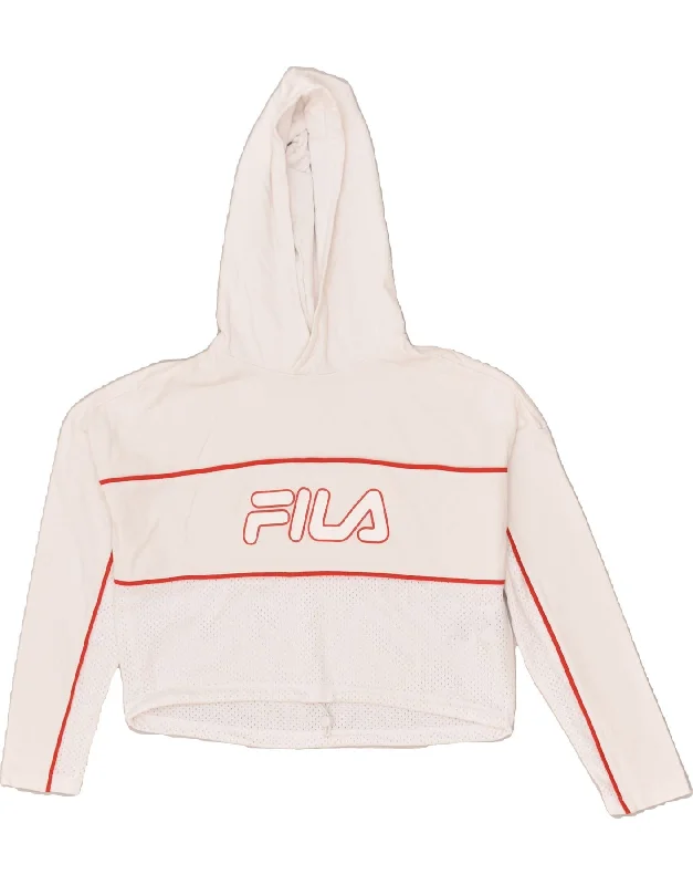 FILA Womens Crop Graphic Hoodie Jumper UK 6 XS White Cotton Hoodie with Zipper Placket Modern Functional