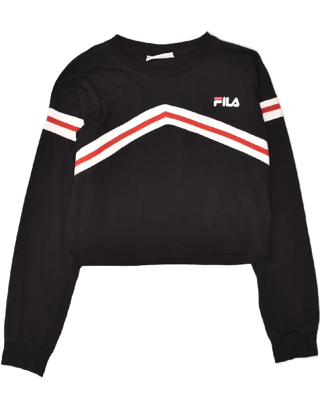 FILA Womens Graphic Crop Sweatshirt Jumper UK 14 Medium Black Cotton Hoodie with Neon Bright Vibrant