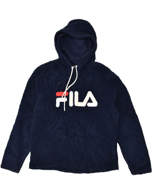 FILA Womens Graphic Hooded Fleece Jumper UK 16 Large Navy Blue Polyester Hoodie with Patch Decorative Personalized