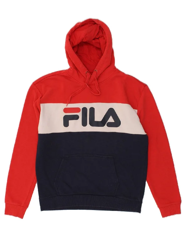 FILA Womens Graphic Hoodie Jumper UK 14 Medium Red Colourblock Cotton Hoodie with Oversized Fit Loose Comfortable