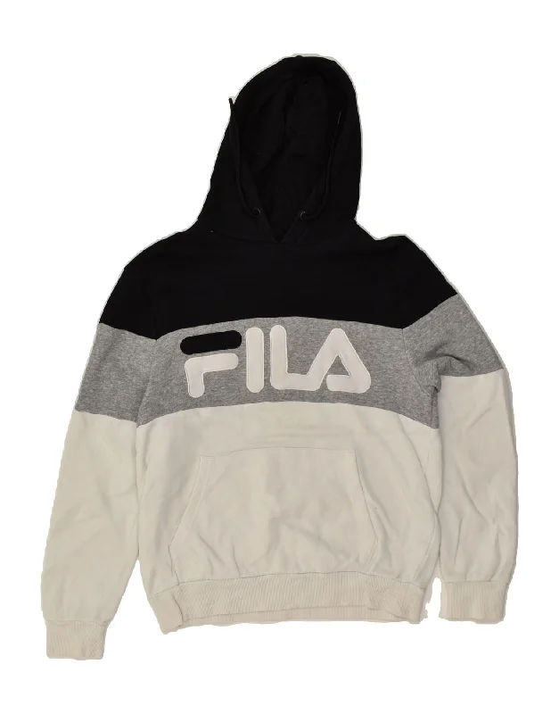 FILA Womens Graphic Hoodie Jumper UK 6 XS Grey Colourblock Cotton Hoodie with Ribbed Hem Stretchable Secure