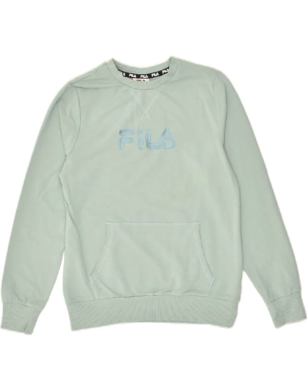 FILA Womens Graphic Sweatshirt Jumper UK 10 Small Green Cotton Hoodie with Snap Buttons Easy Quick