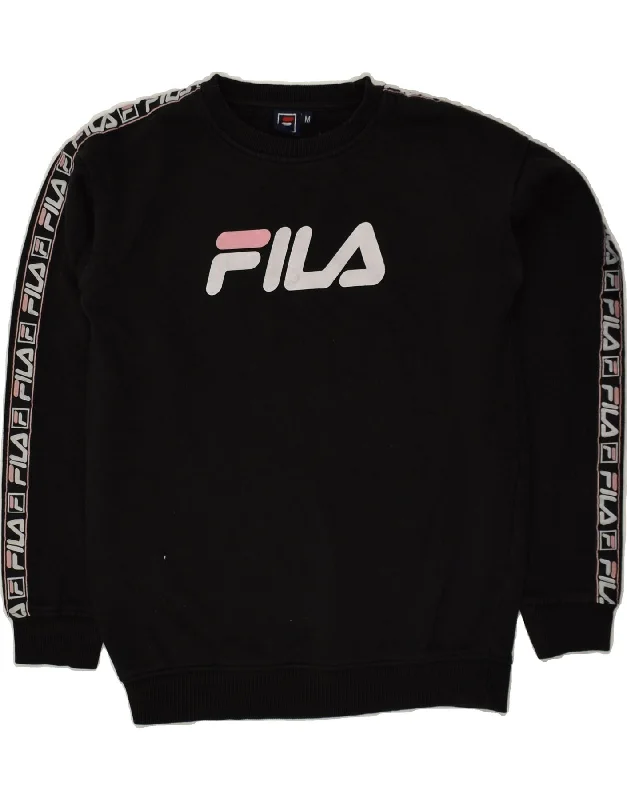 FILA Womens Graphic Sweatshirt Jumper UK 14 Medium Black Cotton Hoodie with Metallic Shiny Futuristic