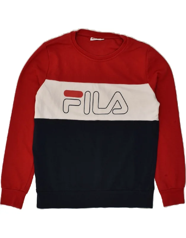 FILA Womens Graphic Sweatshirt Jumper UK 14 Medium Red Colourblock Hoodie with Frayed Bohemian Relaxed