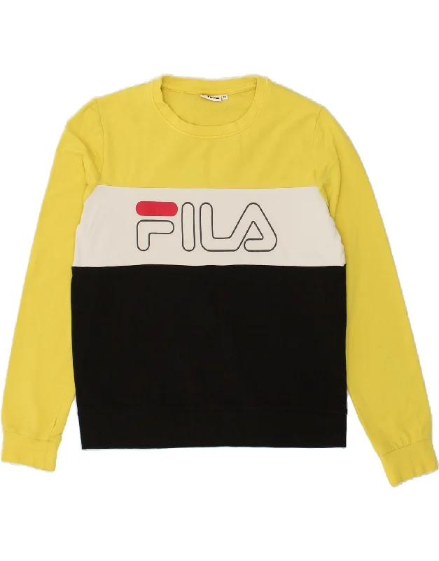 FILA Womens Graphic Sweatshirt Jumper UK 14 Medium Yellow Colourblock Hoodie with Neon Bright Vibrant