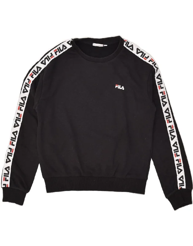 FILA Womens Graphic Sweatshirt Jumper UK 6 XS Black Cotton Hoodie with Thumb Holes Functional Cozy