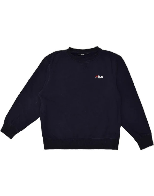 FILA Womens Loose Fit Sweatshirt Jumper UK 16 Large Navy Blue Cotton Hoodie with Embroidery Detailed Premium