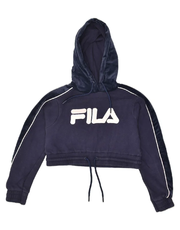 FILA Womens Oversized Graphic Hoodie Jumper UK 0 2XS Navy Blue Cotton Hoodie with Drop Shoulder Relaxed Streetwear