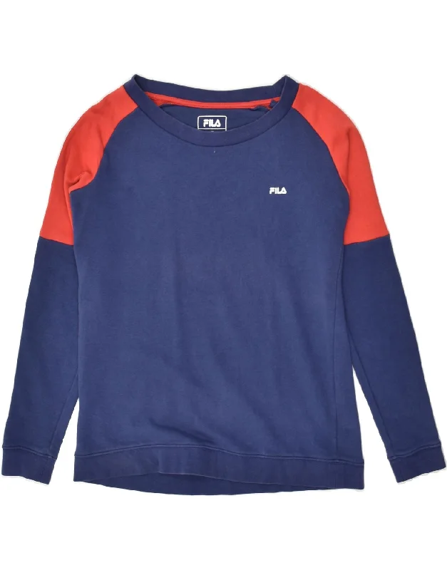 FILA Womens Sweatshirt Jumper UK 12 Medium Navy Blue Colourblock Cotton Hoodie with Elastic Waist Stretchable Comfortable