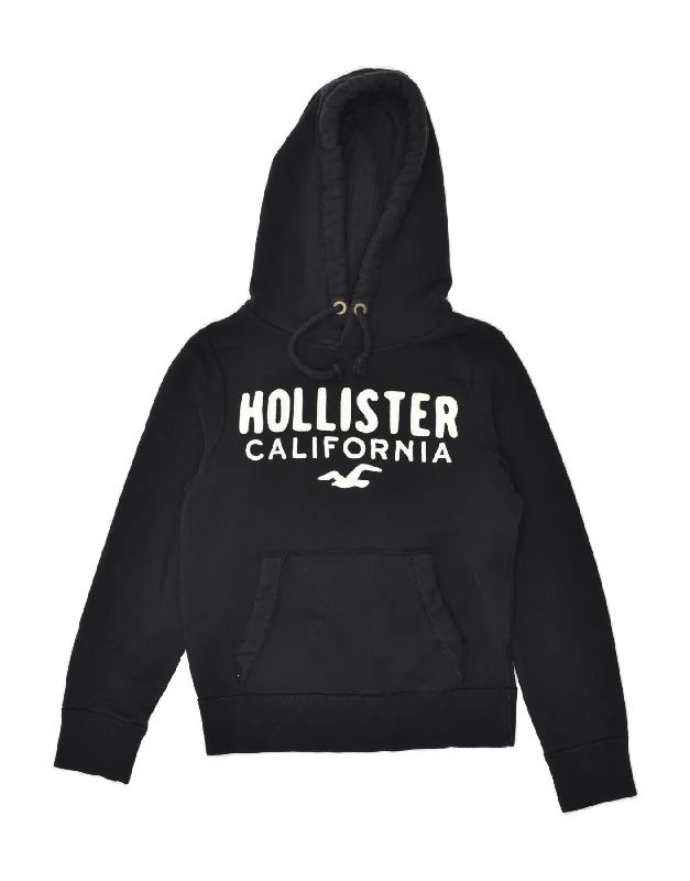 HOLLISTER Womens California Graphic Hoodie Jumper UK 10 Small Navy Blue Hoodie with Elastic Cuffs Stretchable Comfortable