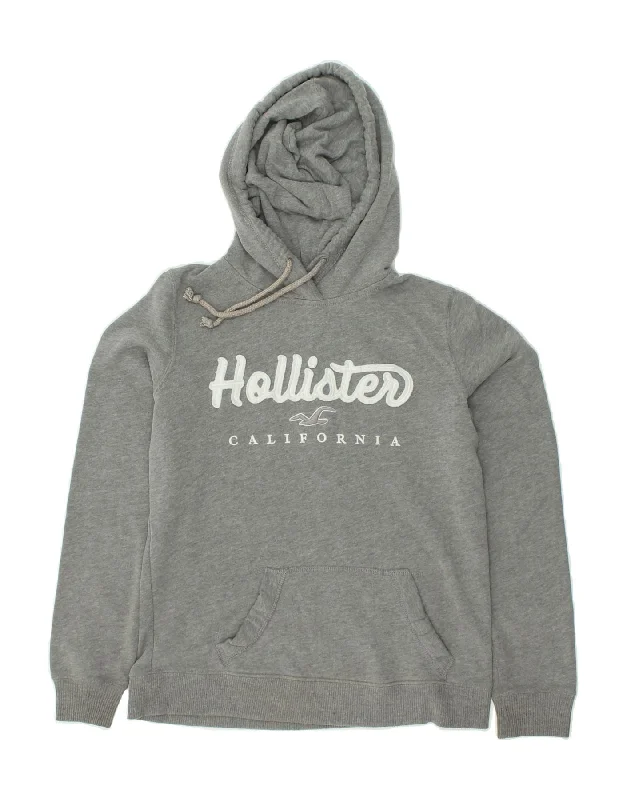 HOLLISTER Womens Loose Fit Graphic Hoodie Jumper UK 6 XS Grey Cotton Hooded Sweatshirt Casual Wear Street Style