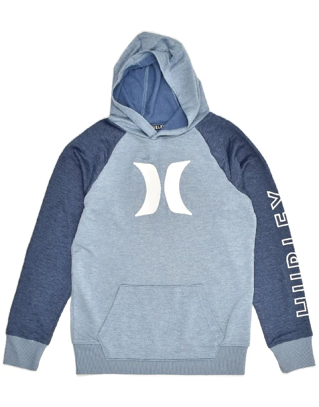 HURLEY Womens Graphic Hoodie Jumper UK 14 Large Blue Colourblock Polyester Hoodie with Pastel Soft Subtle