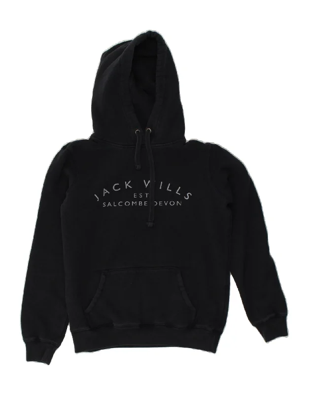 JACK WILLS Womens Graphic Hoodie Jumper UK 10 Small  Navy Blue Cotton Hoodie with Drawcord Adjustable Secure