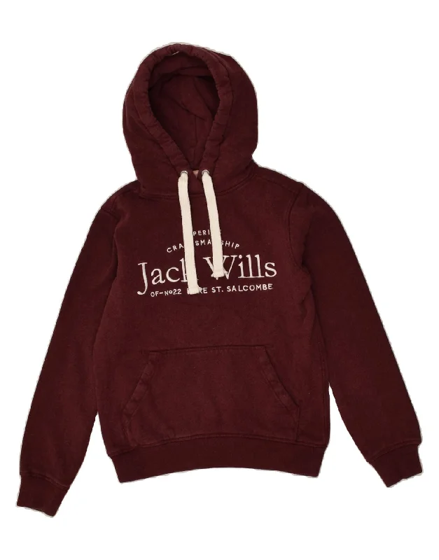 JACK WILLS Womens Graphic Hoodie Jumper UK 4 XS  Burgundy Cotton Hoodie Jacket Zipper Layering