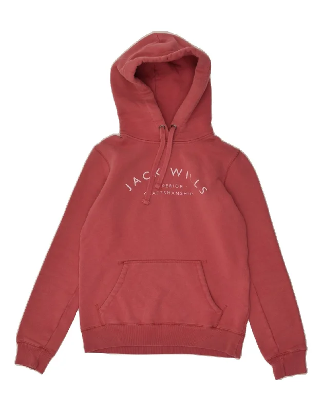 JACK WILLS Womens Graphic Hoodie Jumper UK 6 XS Red Cotton Hoodie with Front Slit Layering Stylish