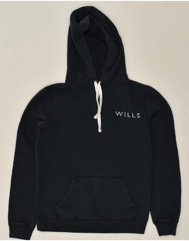 JACK WILLS Womens Graphic Hoodie Jumper UK 8 Small  Navy Blue Cotton Hoodie with Drop Shoulder Relaxed Streetwear