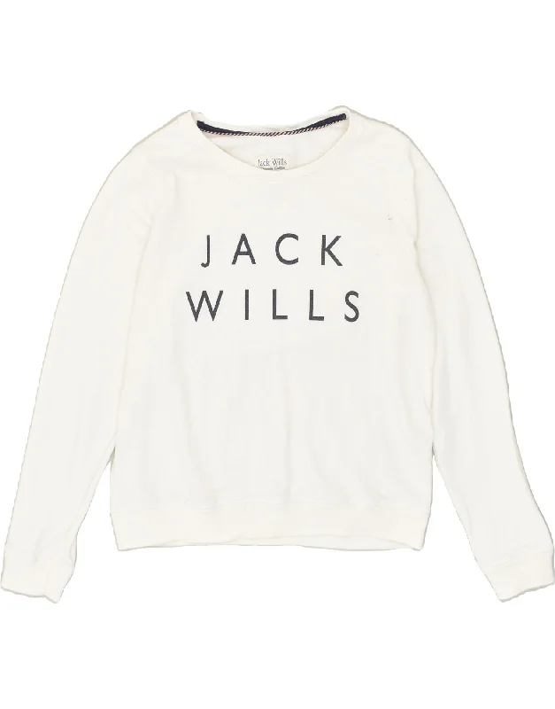 JACK WILLS Womens Graphic Sweatshirt Jumper UK 14 Large White Cotton Hoodie with Slit Hem Functional Movement