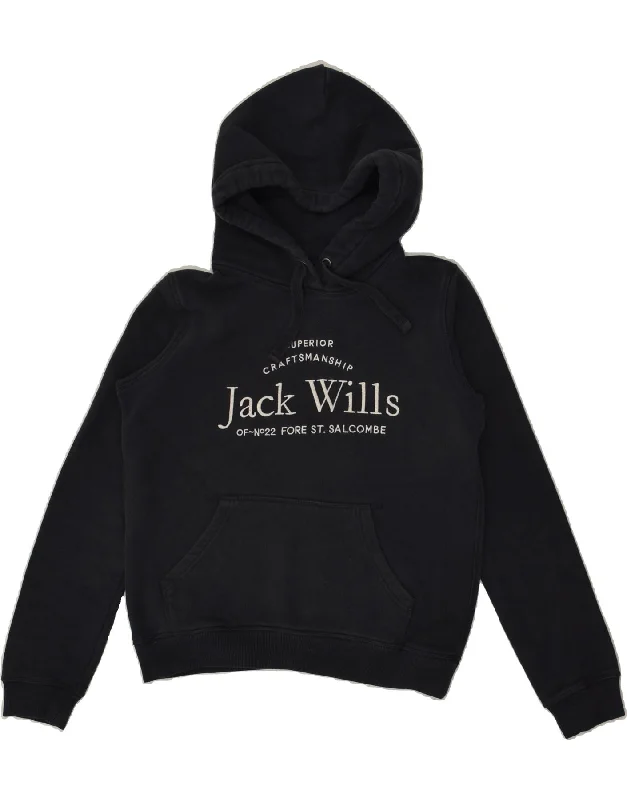 JACK WILLS Womens Loose Fit Graphic Hoodie Jumper UK 8 Small Black Cotton Hoodie with Magnetic Closure Innovative Modern