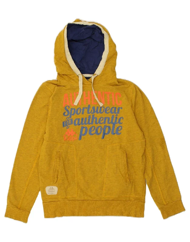 KAPPA Womens Graphic Hoodie Jumper UK 10 Small Yellow Cotton Hoodie with Distressed Vintage Worn