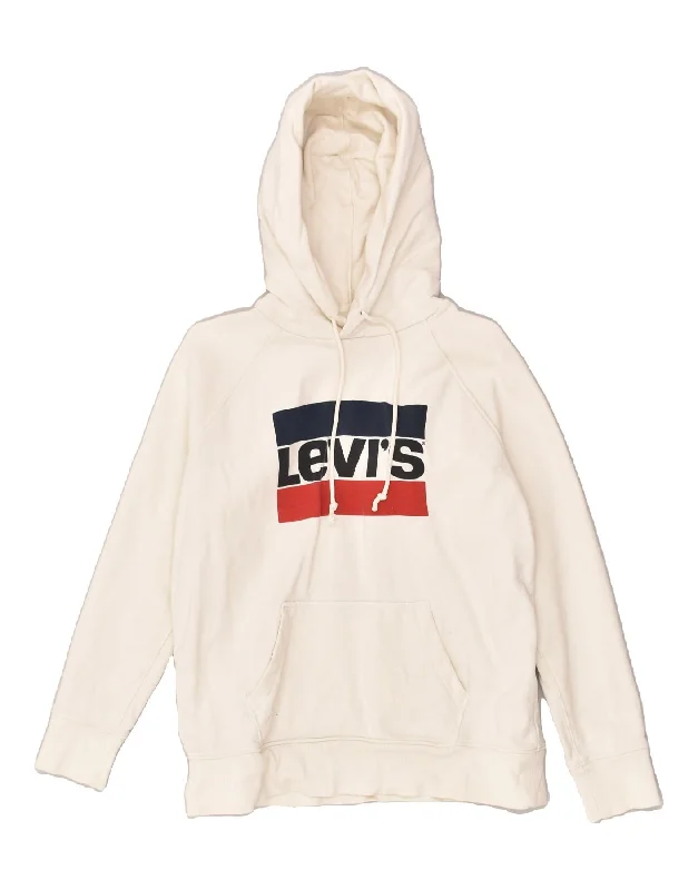 LEVI'S Womens Graphic Hoodie Jumper UK 14 Medium White Cotton Hoodie Sweatshirt Pullover