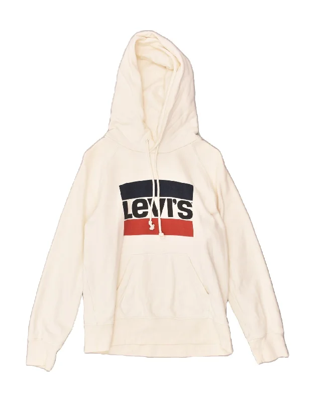 LEVI'S Womens Graphic Hoodie Jumper UK 6 XS White Cotton Hoodie with Hem Contrast Bold Stylish