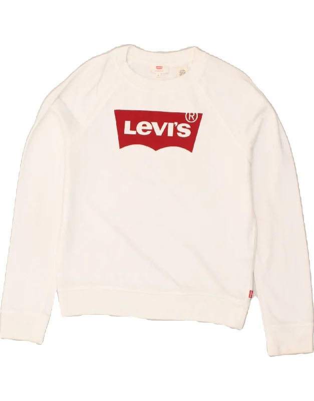 LEVI'S Womens Graphic Sweatshirt Jumper UK 10 Small White Cotton Hoodie with Stripes Bold Sporty