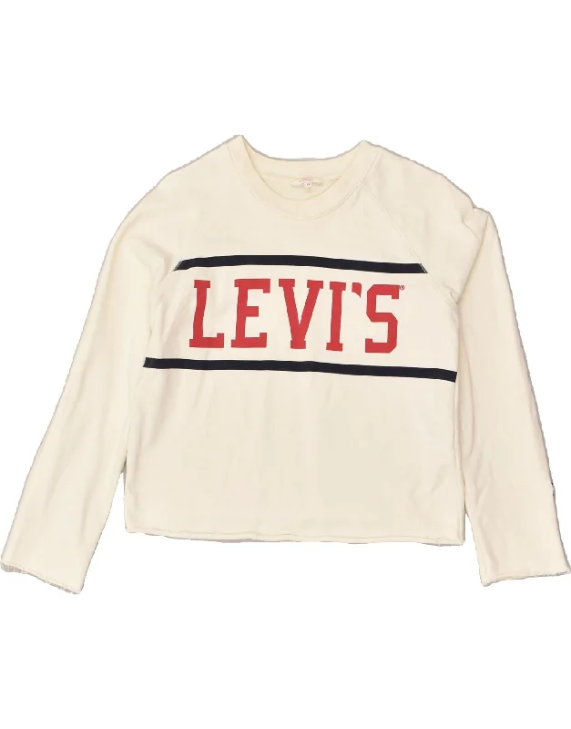 LEVI'S Womens Graphic Sweatshirt Jumper UK 6 XS Off White Cotton Hoodie with Bell Sleeves Flared Feminine