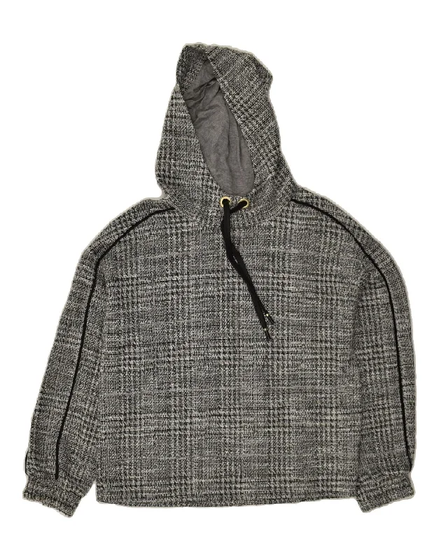 MASSIMO DUTTI Womens Hoodie Jumper UK 10 Small Grey Check Viscose Hoodie with Double Zipper Versatile Adjustable