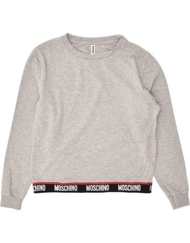 MOSCHINO Womens Sweatshirt Jumper UK 10 Small Grey Hoodie with Stripes Bold Sporty