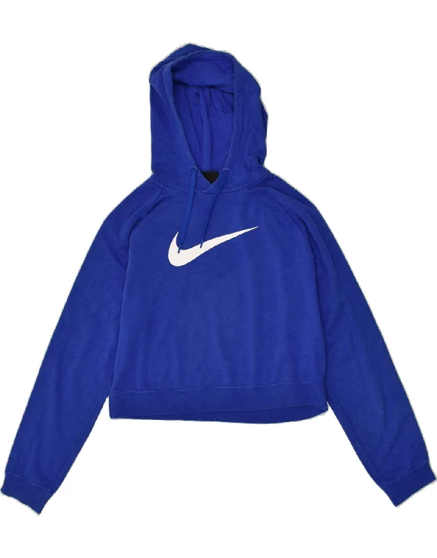 NIKE Womens Crop Graphic Hoodie Jumper UK 14 Medium Blue Cotton Hoodie with Slit Hem Functional Movement