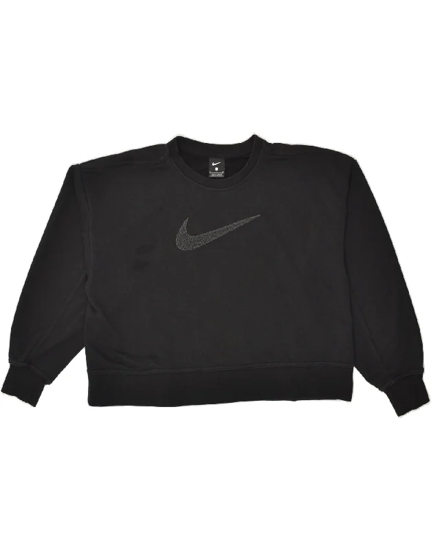 NIKE Womens Crop Graphic Sweatshirt Jumper UK 10 Small Black Cotton Hoodie with Magnetic Closure Innovative Modern