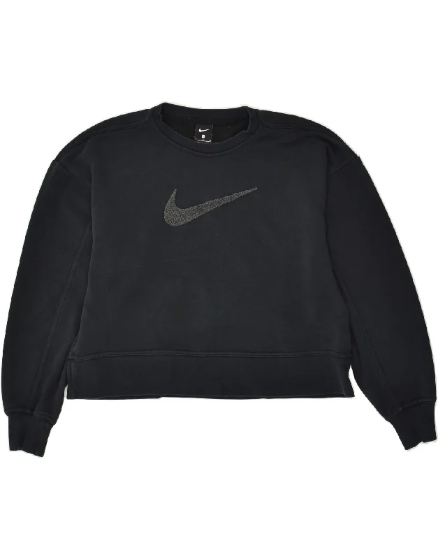 NIKE Womens Graphic Crop Sweatshirt Jumper UK 10 Small Black Cotton Hoodie with Side Slits Relaxed Casual