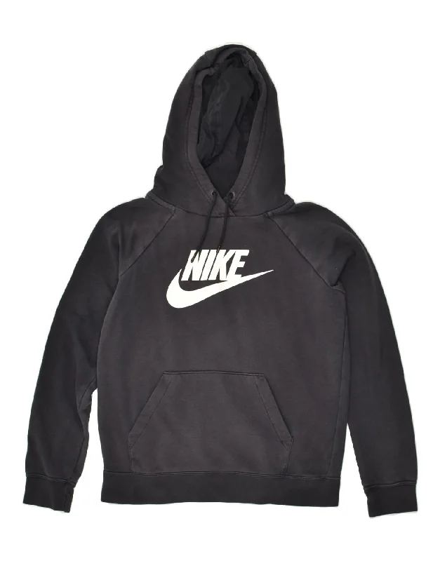 NIKE Womens Graphic Hoodie Jumper UK 10 Small Navy Blue Cotton Hoodie with Hem Drawcord Adjustable Customizable