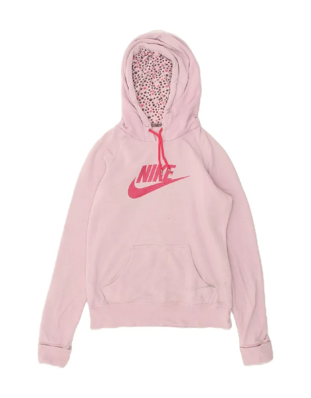 NIKE Womens Graphic Hoodie Jumper UK 10 Small Pink Cotton Hoodie with Ribbed Cuffs Snug Fit Comfort