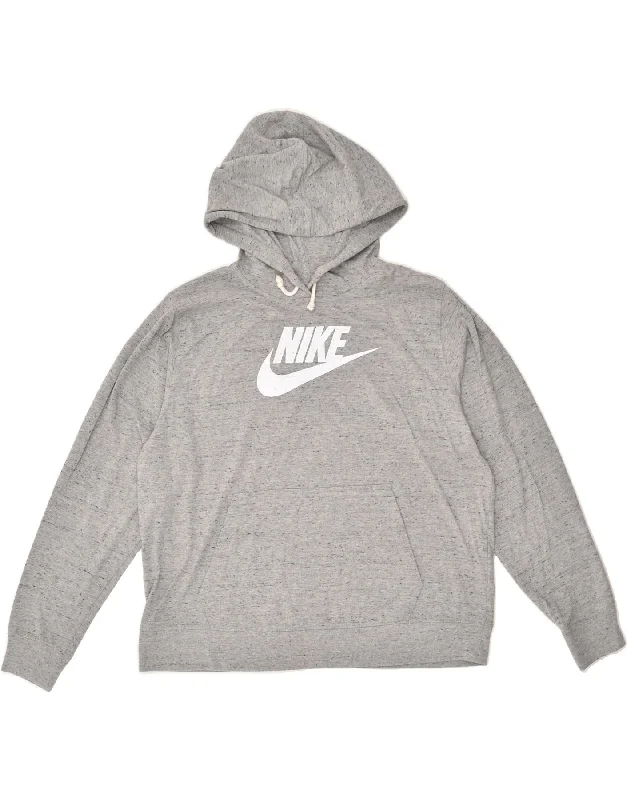 NIKE Womens Graphic Hoodie Jumper UK 16 Large Grey Cotton Hoodie with Typography Text Message