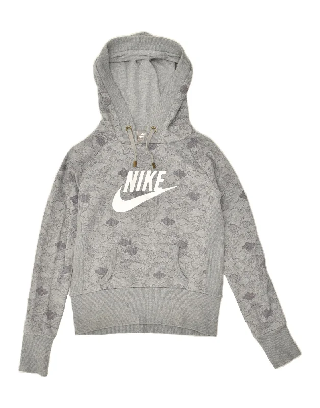 NIKE Womens Graphic Hoodie Jumper UK 6/8 Small Grey Hoodie with Turtle Neck Cozy Winter