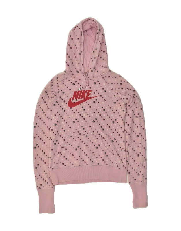 NIKE Womens Graphic Hoodie Jumper UK 8/10 Small Pink Spotted Cotton Hoodie with Color Block Contrast Stylish