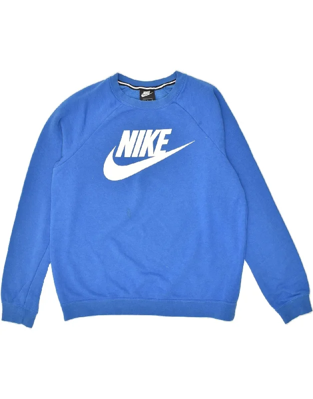 NIKE Womens Graphic Sweatshirt Jumper UK 14 Medium Blue Cotton Hoodie with Hem Fringe Bohemian Relaxed