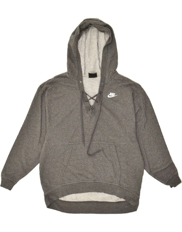 NIKE Womens Hoodie Jumper UK 10 Small Grey Cotton Hoodie with Hidden Zipper Minimalist Clean