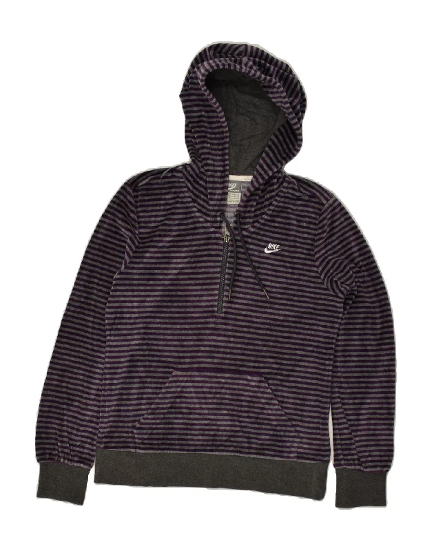 NIKE Womens Hoodie Jumper UK 12/14 Medium Purple Striped Cotton Hoodie with Zipper Placket Modern Functional